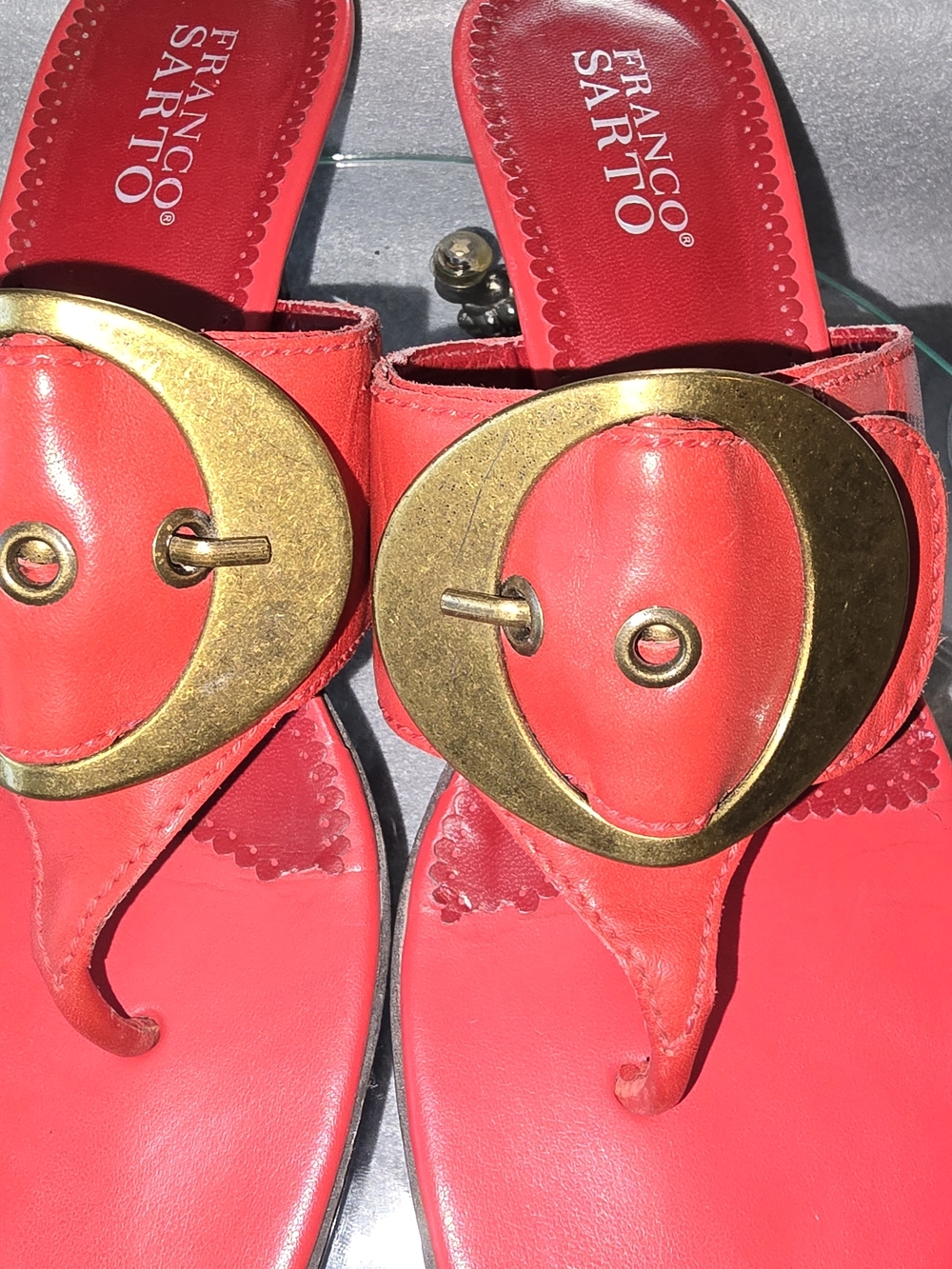 Franco Sarto Red Leather Thong Sandals with Gold Accent 2in heel - Picture 2 of 6
